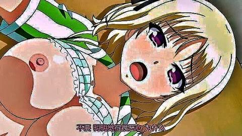 Busty blonde anime babe with huge tits and pink nipples exposed from green striped bikini, ahegao face.