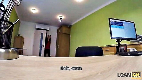 Red-haired MILF in red dress enters office for loan sex