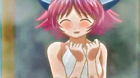 Cute pink-haired anime girl with horns smiling happily in white slip, horny teen shower tease