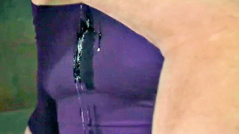 BDSM sub in purple top with cum dripping after throat fuck in threesome