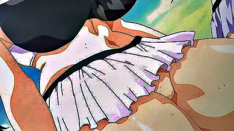 Anime track girl in lifted white pleated skirt, upskirt crotch focus