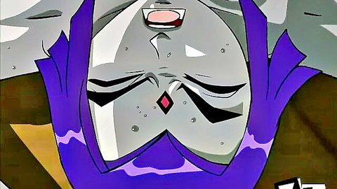 Hentai Raven opens mouth with pink cum on tongue and dripping down chin