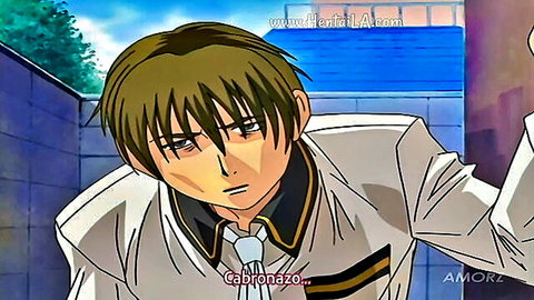 Hentai anime schoolboy with green hair in white uniform intense stare outdoors
