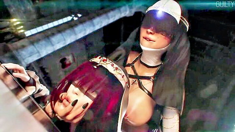 Two Asian nuns in revealing strap habits, purple and black hair, intimate mirror encounter