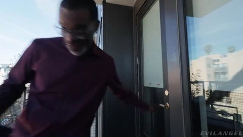 Cali Rose opening door in purple shirt adult video thumbnail