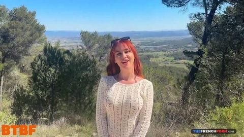 Norah Juliette redhead in white sweater outdoors, French porn thumbnail