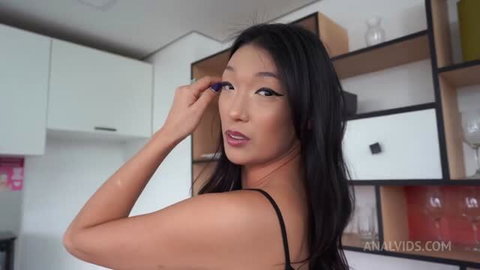 Ela Yuzuki beautiful Japanese woman in Brazil applying makeup, long black hair, black lingerie