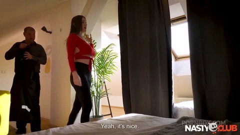 Marica Chanelle in red cut-out top during Airbnb threesome scene