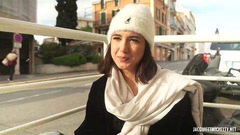 Lena 25 in white beanie and scarf smiling outdoors, Jacquie et Michel TV