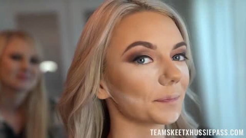 Molly Mae blonde beauty in professional makeup close-up