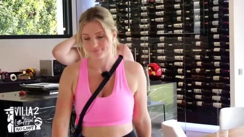 Blonde MILF in pink sports bra with black strap, OnlyFans thumbnail
