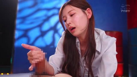 Akari Tsumugi in white shirt performing explicit act with pixelated censorship