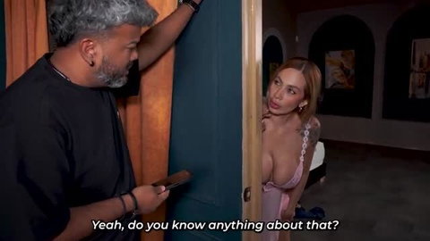 Anai Loves busty wife in pink lingerie seduces man at door