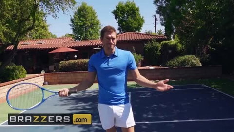 Gina Valentina in blue polo and white skirt on tennis court for Brazzers