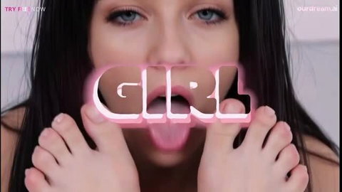Close-up of brunette with blue eyes licking her feet, pink GIRL text overlay