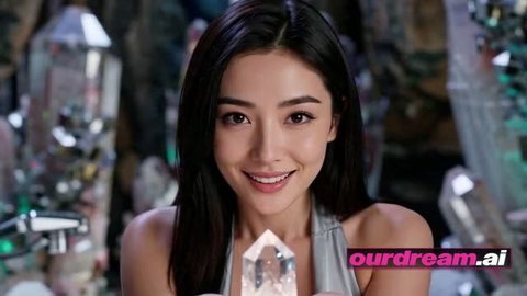 Asian woman smiling with crystal in fantasy cavern setting