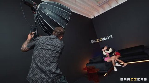 Brazzers Podcast Episode 2 with Scott Nails filming two women on black couch