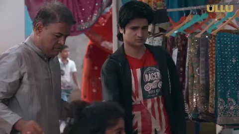 Naughty Girl in red t-shirt with man in clothing store scene