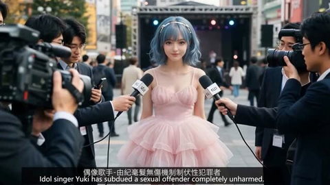 Idol singer Yuki in pink dress surrounded by reporters after subduing sexual offender