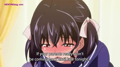 Anime schoolgirl blushing with bow pigtails, flushed face