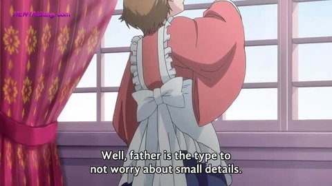 Anime maid in pink dress and white apron looking out window