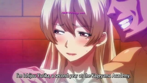 Blonde anime girl with flushed cheeks, man behind her