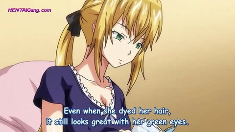 Blonde anime girl with green eyes in blue dress, close-up portrait