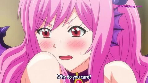 Pink-haired demon girl blushing with red eyes and horns in hentai thumbnail
