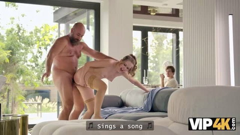 Bald older man fucks slim girl on couch with voyeur watching