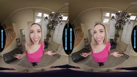 Flexible blonde MILF in pink dress spreading legs in VR porn scene