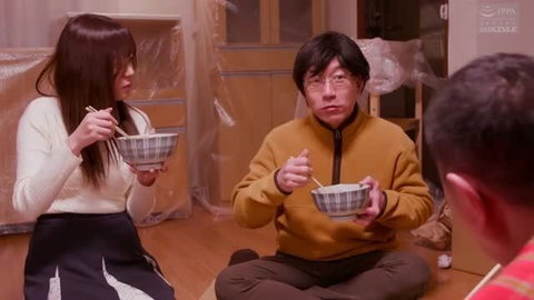 Japanese couple eating together in plastic-covered room from JAV teaser