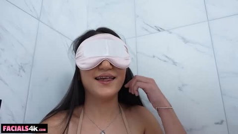 Zarina Noir blindfolded with natural tits exposed for facial scene