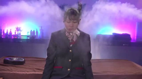 Japanese woman in business suit hypnotized by mist in erotic JAV scene