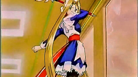 Busty blonde hentai cutie in blue dress posing dynamically