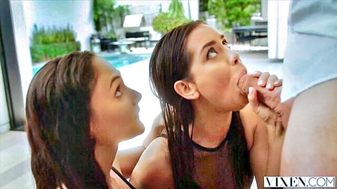 Ariana Marie and brunette friend wet blowjob on huge cock by pool