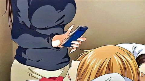 Busty hentai woman in sweater holds phone over sexy blonde girl lying on bed