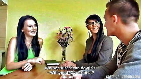 Clothed brunette women and guy discuss trying girls in amateur gangbang interview
