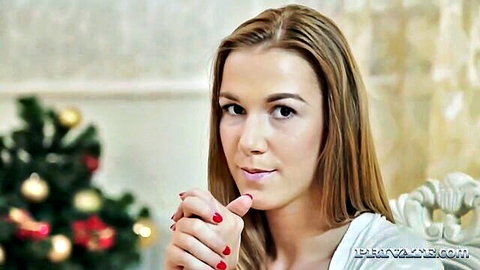 Lexi Dona as slutty maid teasing with red nails by Christmas tree