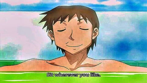 Shirtless anime guy smiling in pool, inviting sit down in hentai scene