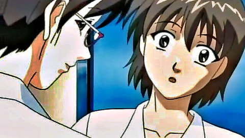 Anime couple in close intimate talk, surprised cute girl and glasses guy