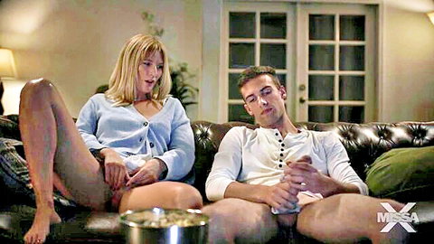Mona Wales blonde MILF exposes pussy next to exposed guy on couch