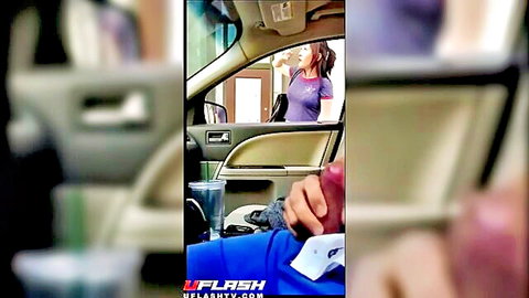 Asian girl at car window surprised by exposed cock flash