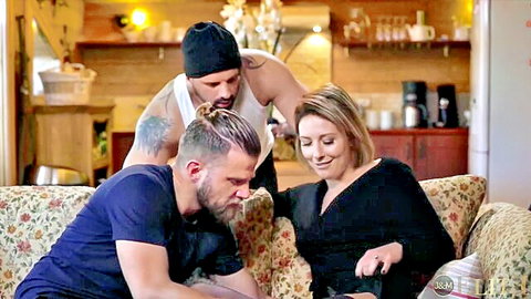 Emma Klein and Lina Luxa in steamy MMF threesome on couch