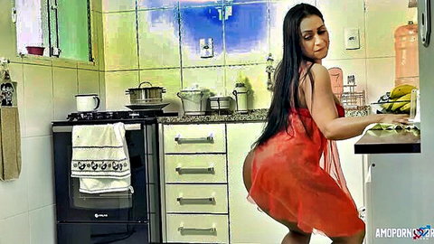 Alessandra Marques in sheer red lingerie, bending over teasing with bananas