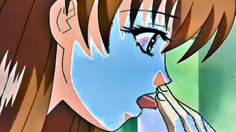 Seductive anime lesbian with long orange hair touching lips in blue mask
