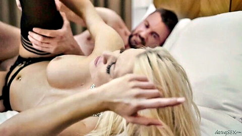 Sienna Day blonde in lingerie and stockings during hot couple sex