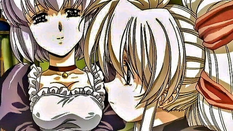 Two hentai girls in frilly dresses sharing an intimate gaze