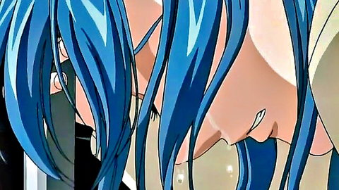 Blue-haired anime hentai girl licks and sucks finger with tongue out in teasing blowjob pose