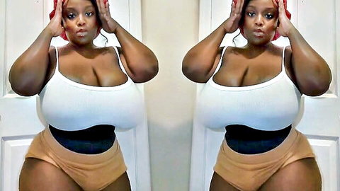 Curvy ebony woman in white tank top and shorts, playful split screen tease