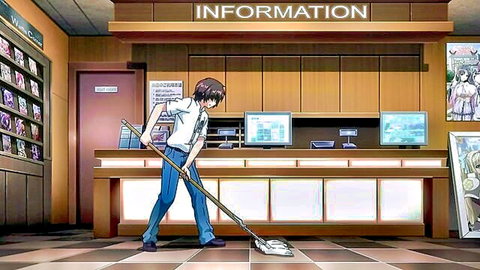 Anime guy in white shirt mopping floor at info desk in Japanese hentai